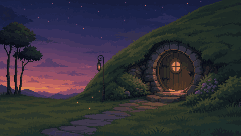 A round burrow door set into a mossy hillside at dusk, candlelight glowing from its window, a stone path leading up to it under a violet sky.
