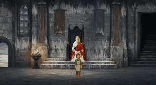 The Salt Hall: Wren stands before the Salt King on his throne in a grey stone hall